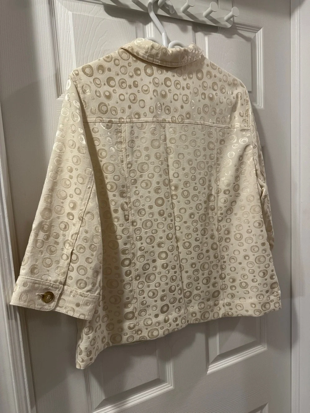 TANJAY Light Ivory 90’s Retro Jacket, Gold Tone Jacquard Pattern Sz Petite L-XL - Picture 7 of 10